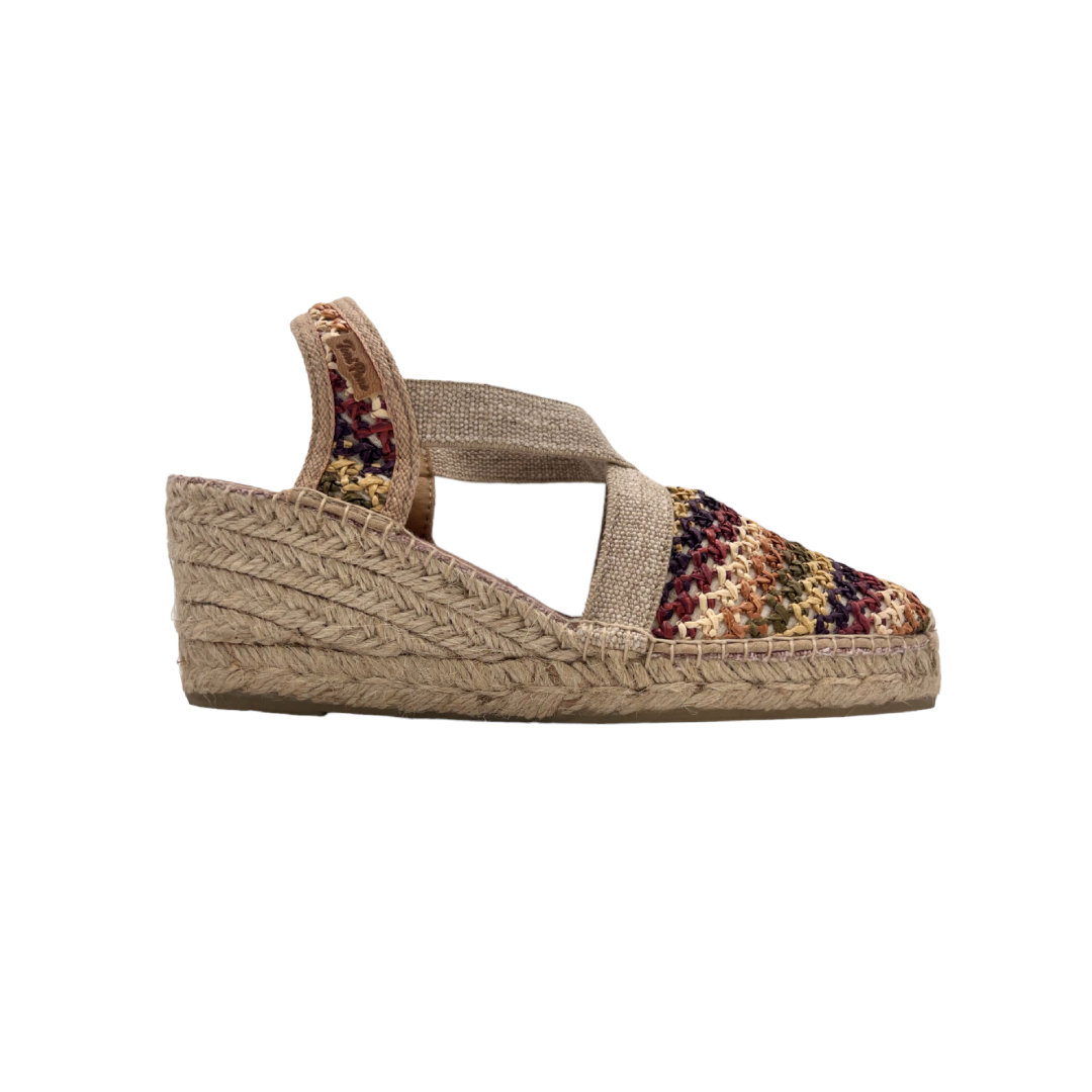 Espadrillas in tessuto effetto uncinetto fantasia zeppa 6 cm.