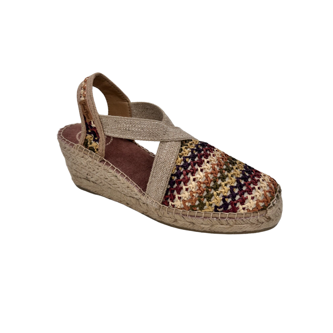 Espadrillas in tessuto effetto uncinetto fantasia zeppa 6 cm.
