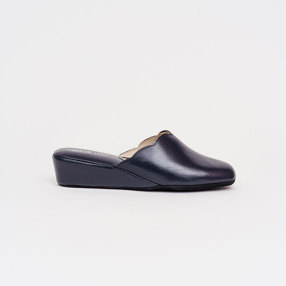 Pianella in pelle blu, bordeaux, antracite e oro tacco 4,5 cm.