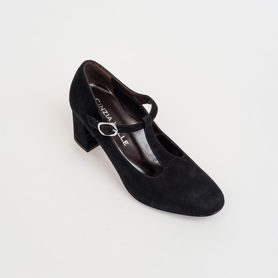 Décolleté con cinturino T-bar in camoscio nero tacco 6 cm.