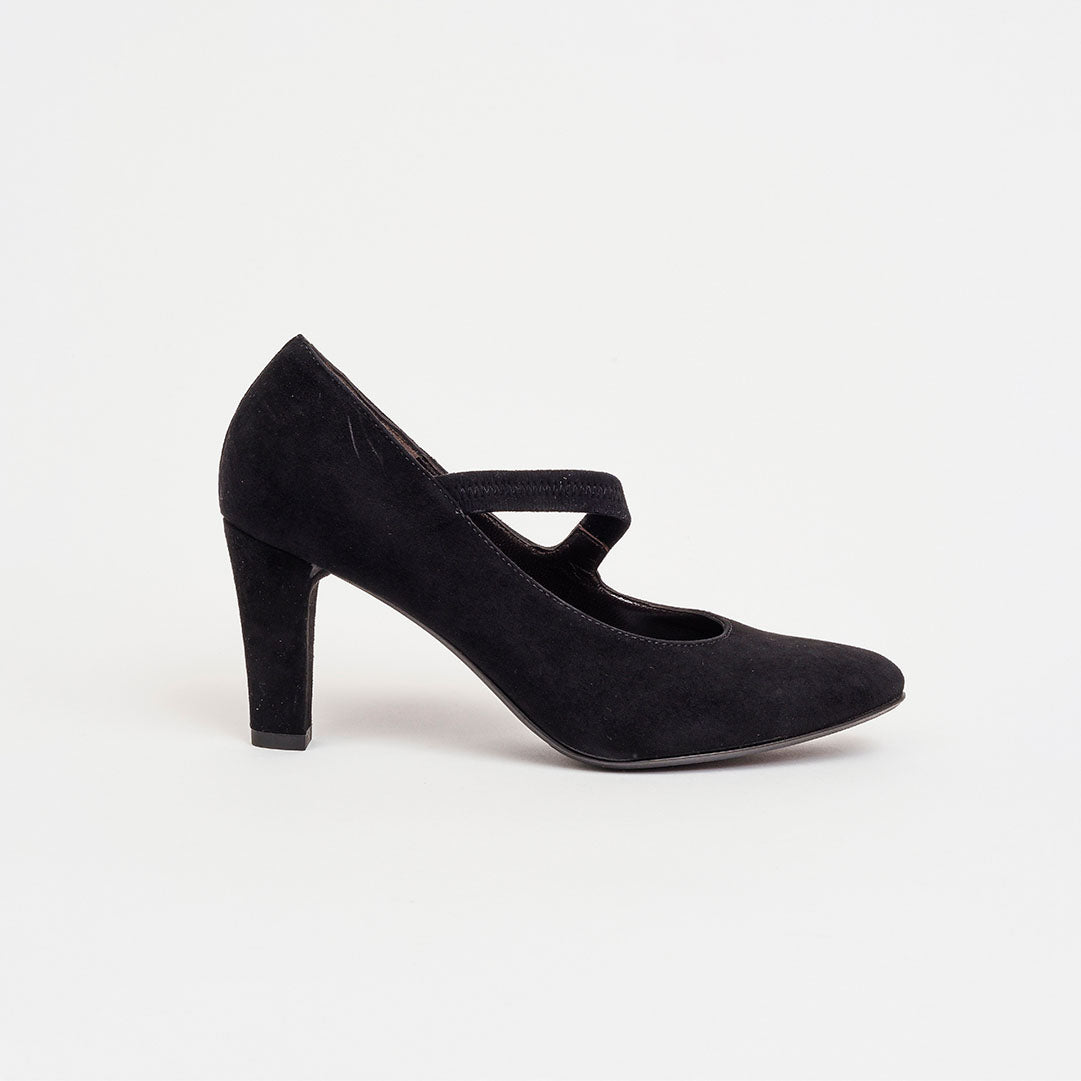Décolleté in camoscio nero con listino trasversale tacco 7 cm.