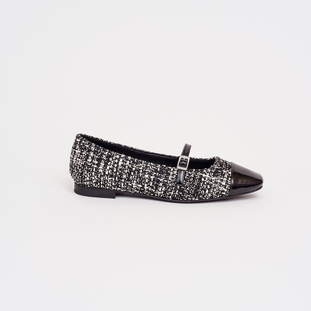 Ballerina con cinturino in tweed bianco-nero 1,5 cm.