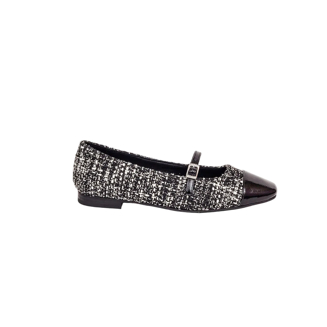 Décolleté con cinturino in tweed bianco-nero 1,5 cm.
