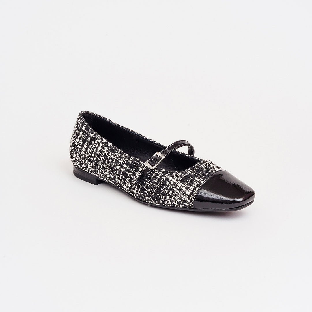 Décolleté con cinturino in tweed bianco-nero 1,5 cm.