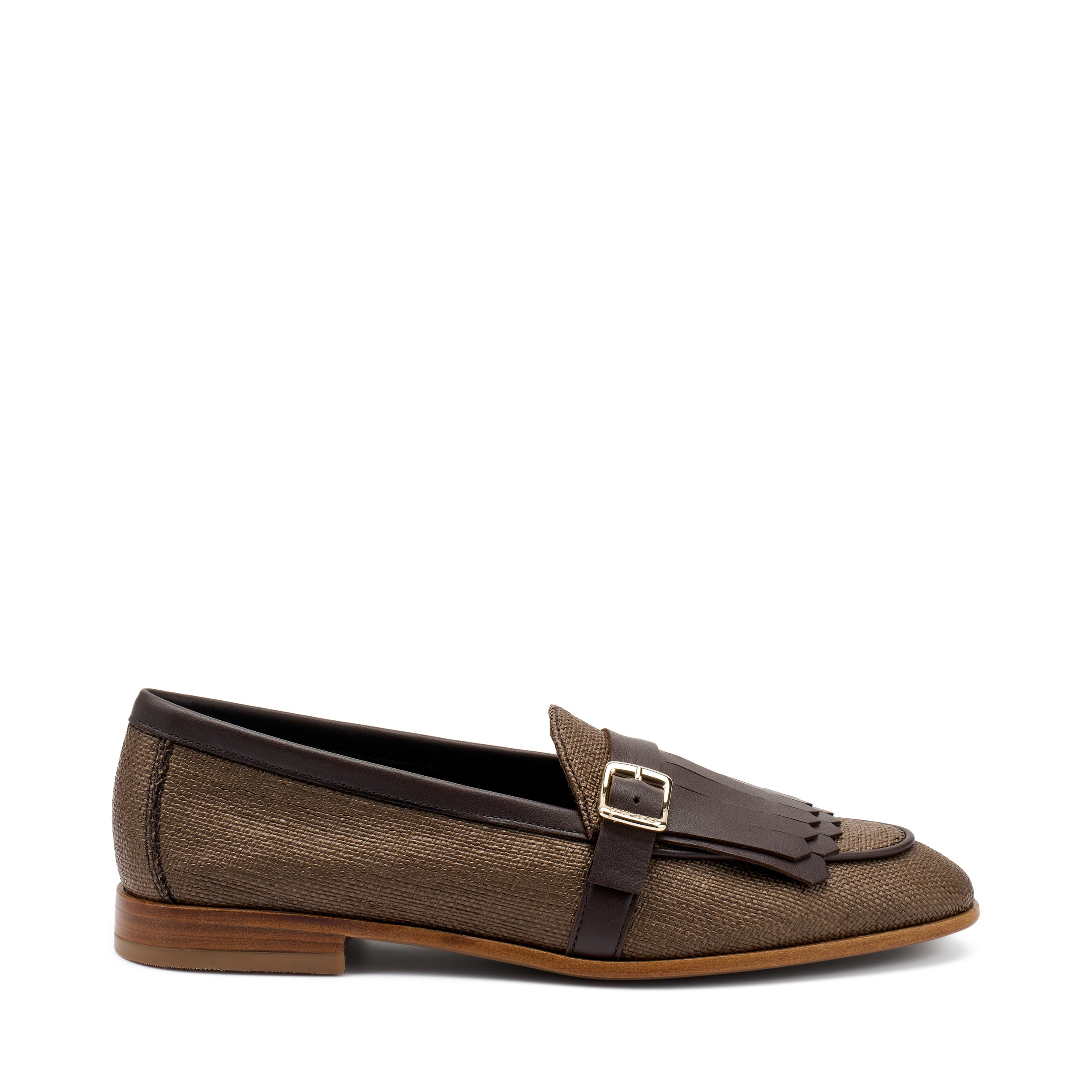 Mocassino affusolato con frangia  in rafia tacco 2 cm.
