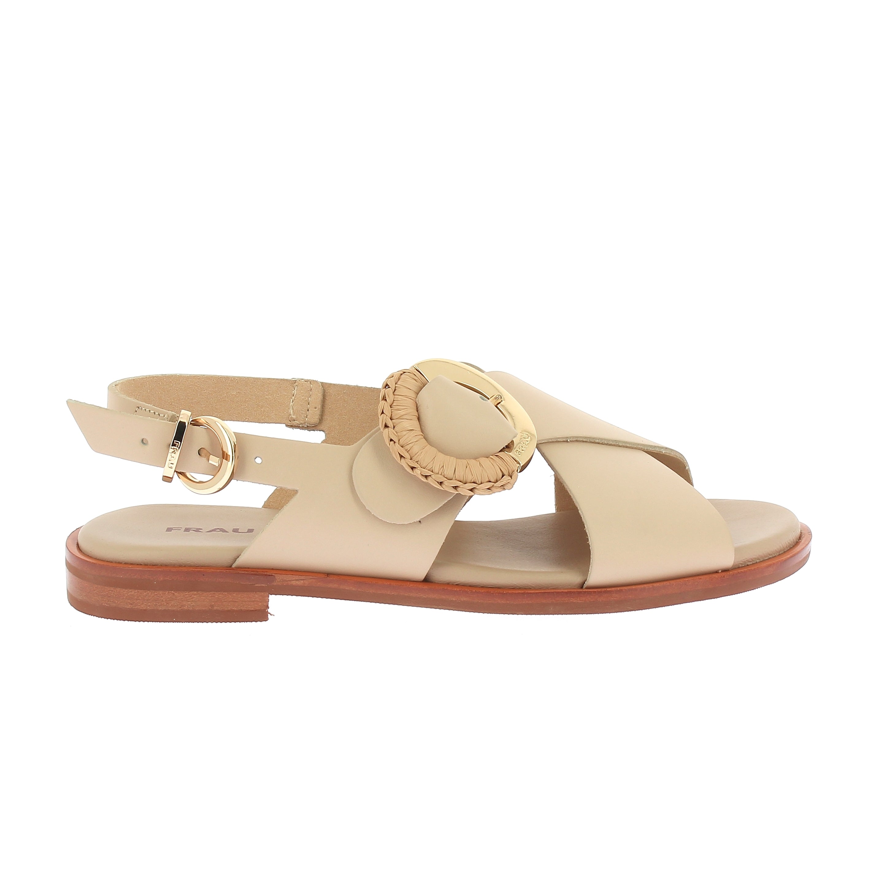 Sandalo in pelle fasce incrociate con accessorio tacco 2 cm.